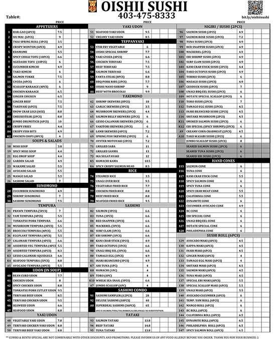 Oishii Calgary Takeout Delivery Menu Page 1